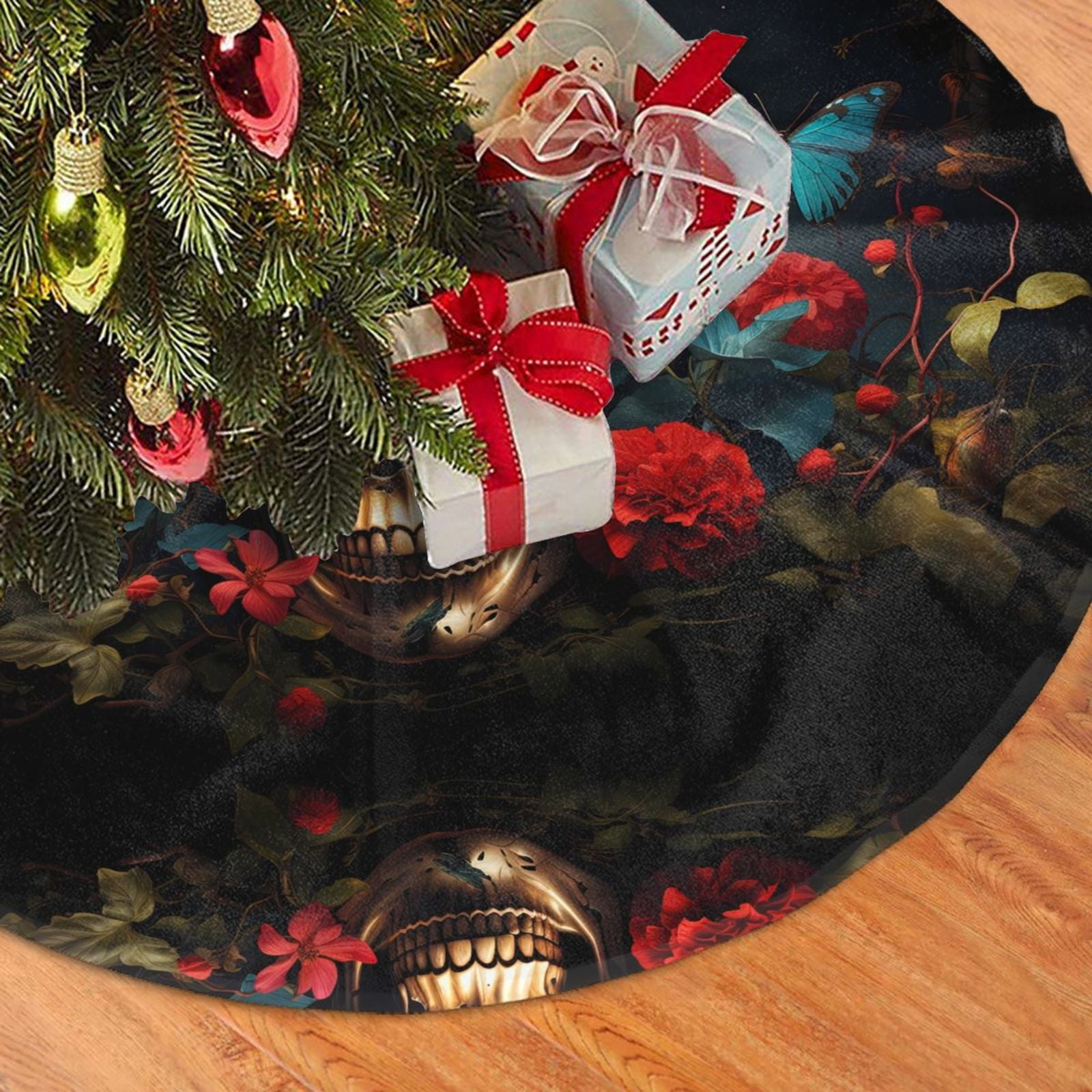Christmas Tree Skirt, Butterfly Flower Plant Skull Plush Soft Christmas