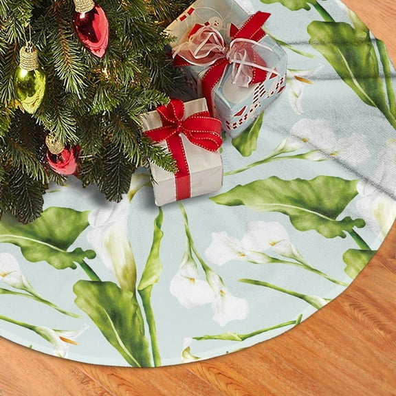 Christmas Tree Skirt, Calla Lily Flowers Light Blue Soft Plush Christmas Tree Decorations Indoor, Tree Skirts Mat for New Year Halloween Holiday Christmas Party Decor 30"