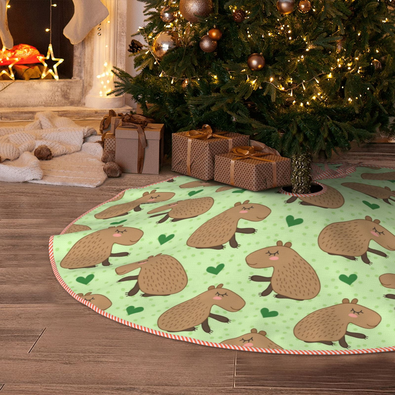 Christmas Tree Skirt, Capybara Print GreenSoft Funny Christmas Tree