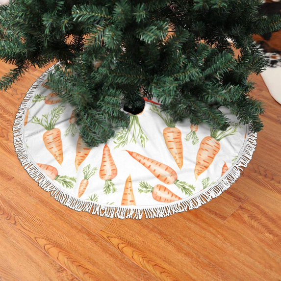 Christmas Tree Skirt, Carrot leaf Pattern white Christmas Tree Decorations Indoor, Tree Skirts Mat With Tassel Trim for Halloween New Year Holiday Christmas Party Decor 48 Inches