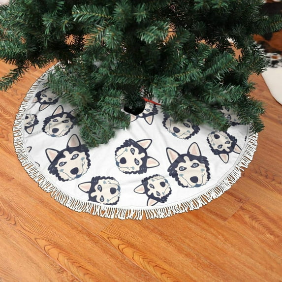 Christmas Tree Skirt, Cartoon Cute Husky Dog Christmas Tree Decorations Indoor, Tree Skirts Mat With Tassel Trim for Halloween New Year Holiday Christmas Party Decor 30 Inches
