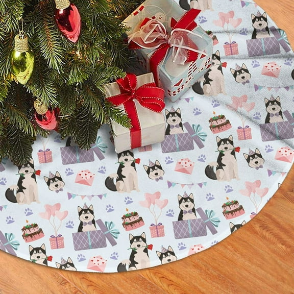 Christmas Tree Skirt, Cartoon Cute Husky Dog Gift Soft Plush Christmas Tree Decorations Indoor, Tree Skirts Mat for New Year Halloween Holiday Christmas Party Decor 30"