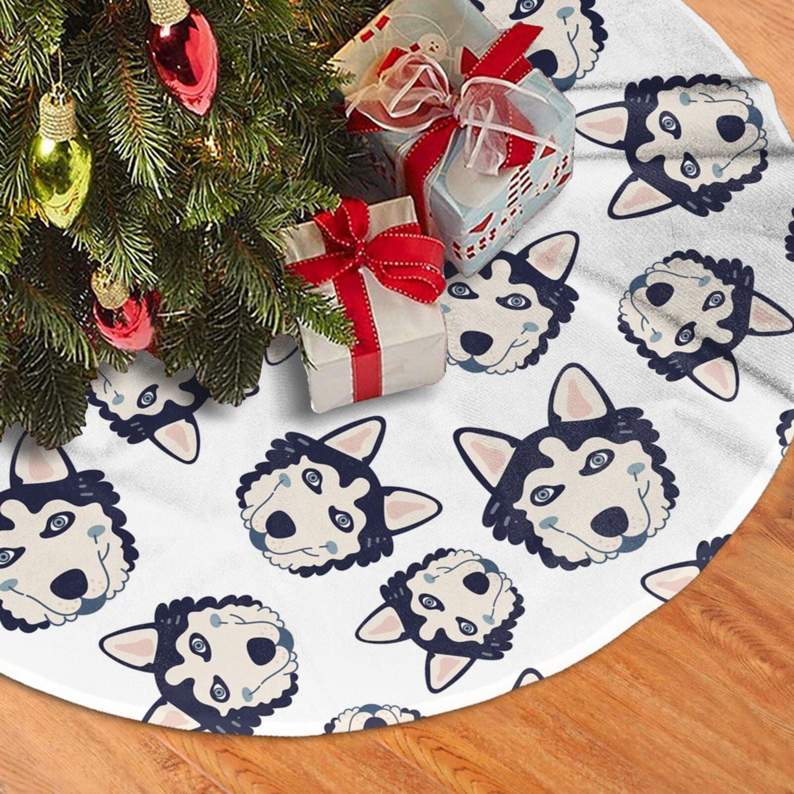 Christmas Tree Skirt, Cartoon Cute Husky Dog Plush Soft Christmas Tree