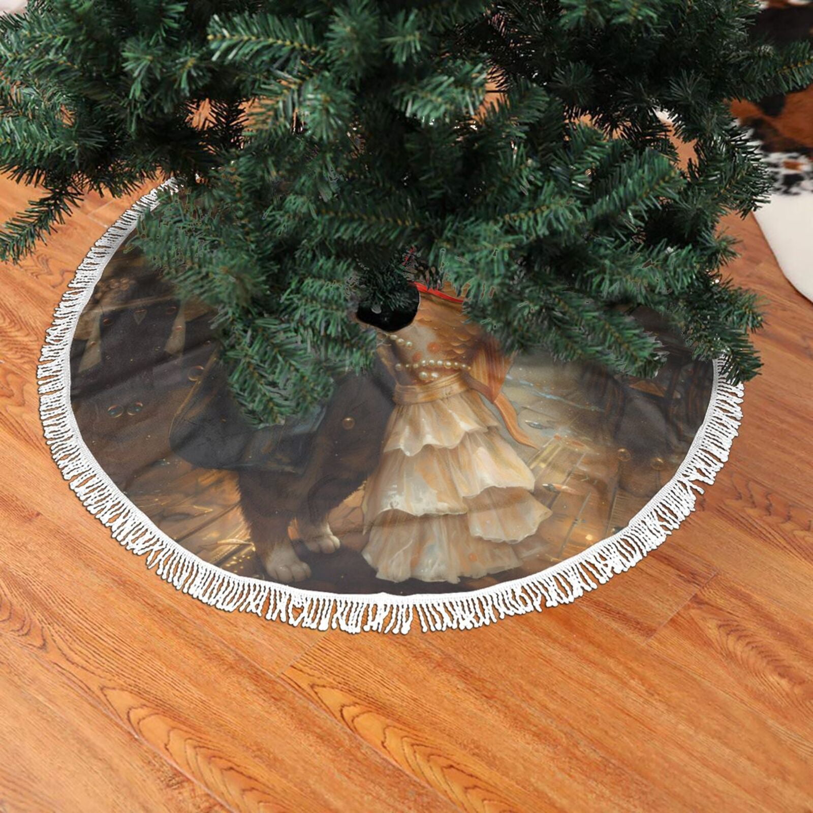 Christmas Tree Skirt, Cat Fish Dance Vintage Fringe Christmas