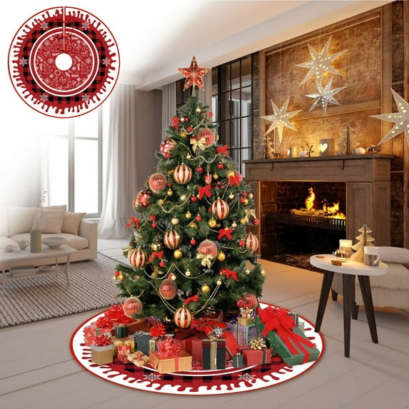 Christmas Tree Skirt Christmas Decorations Christmas Tree Ornaments Vintage Red White Black Tree Skirts Mat With Eige Large Xmas Tree Cover for Home Indoor Christmas Decorations 29.92inch