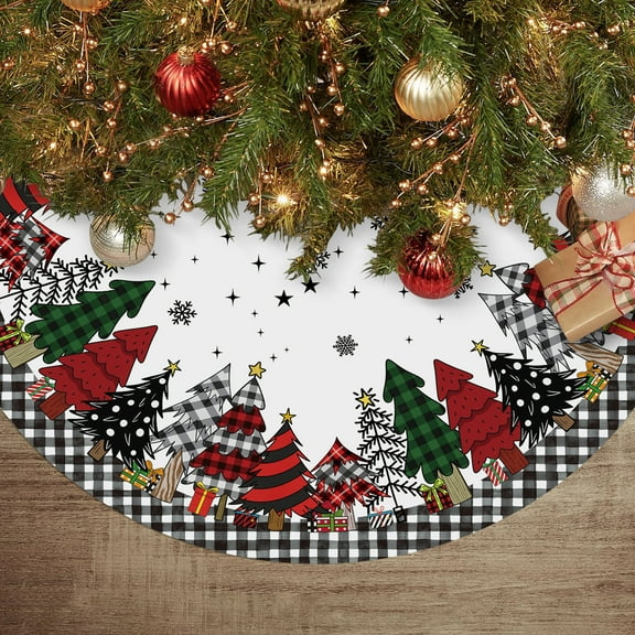 Christmas Tree Skirt, Christmas Trees Snowflakes Black White Buffalo Plaid Indoor Decor Home Decorations, 48 inch