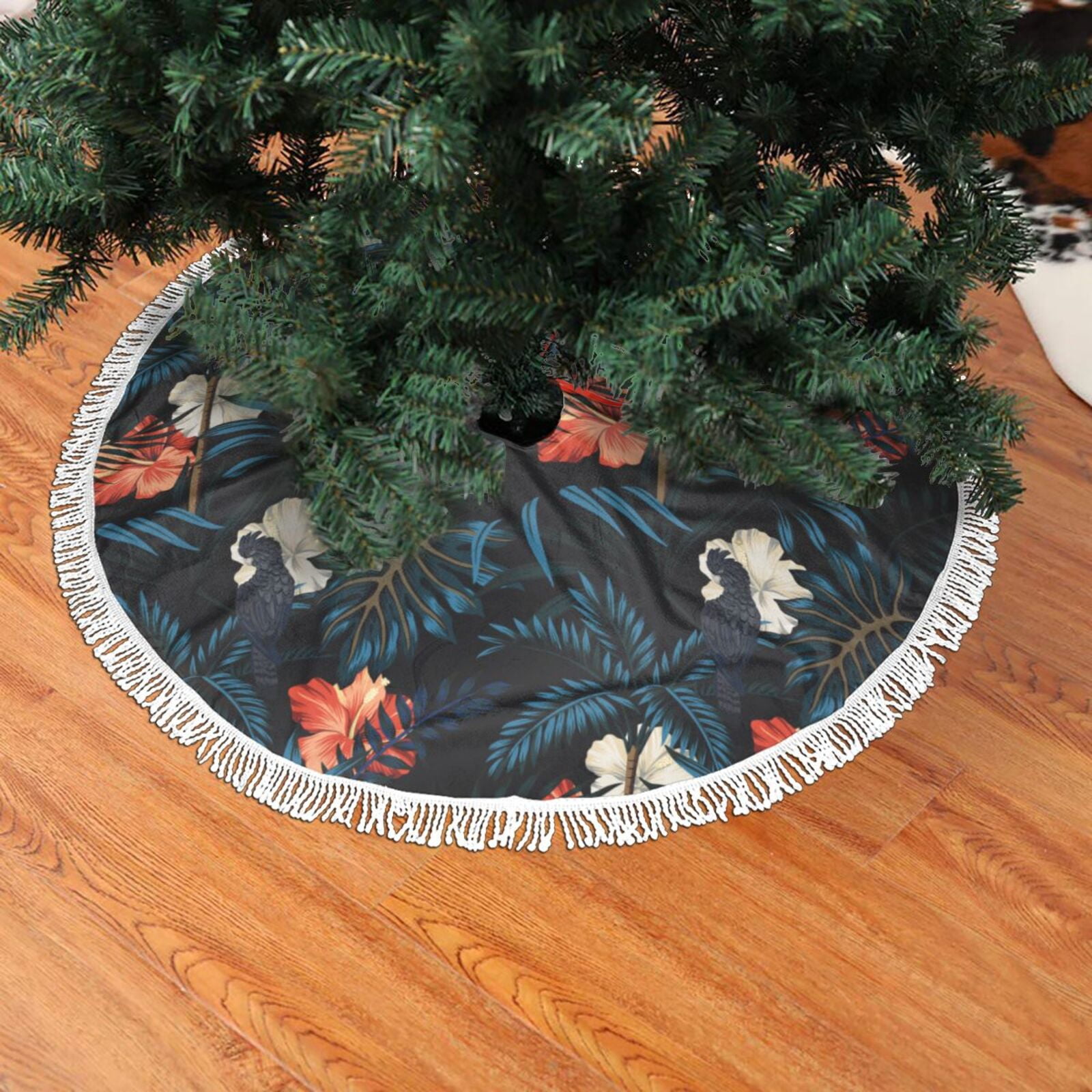 Christmas Tree Skirt, Classic Black Parrot Plant Flower Christmas Tree