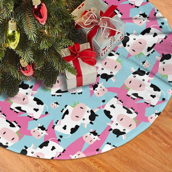 Christmas Tree Skirt, Classic Funny Cute Cow Eating Grass Soft Plush Christmas Tree Decorations Indoor, Tree Skirts Mat for New Year Halloween Holiday Christmas Party Decor 30"