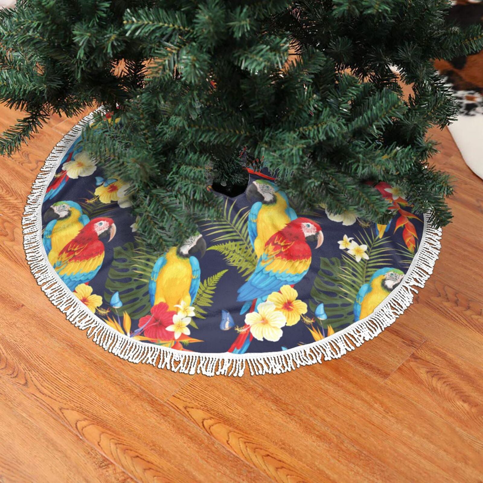 Christmas Tree Skirt Colorful Macaw Parrot Plant Halloween Tree Skirt