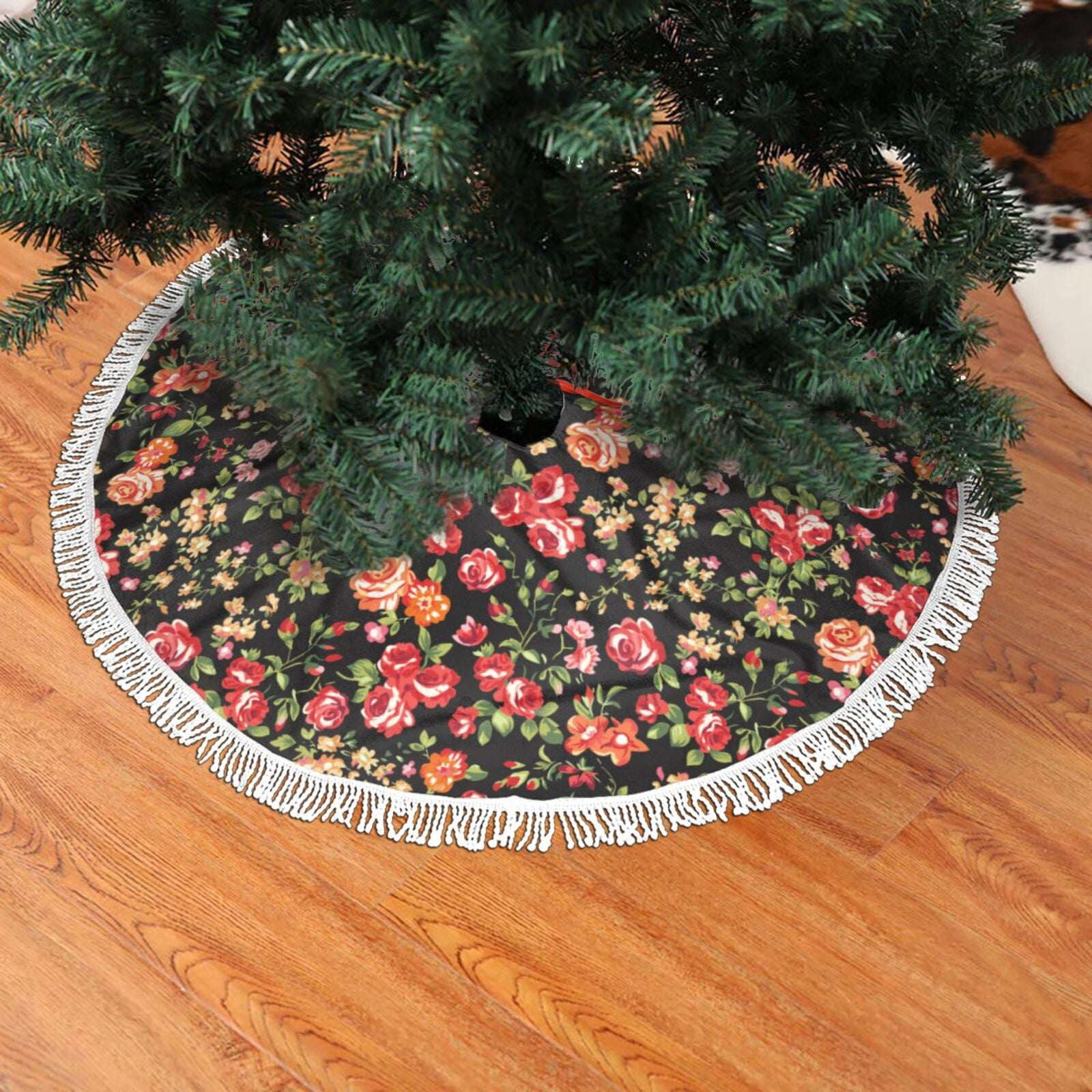 Christmas Tree Skirt, Colorful Rose Flowers Christmas Tree Decorations