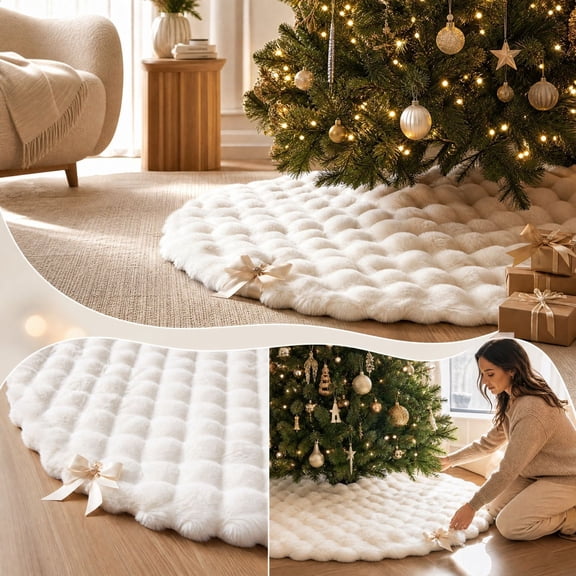 Christmas Tree Skirt,Cream White Furry,Satin Bow Closure,47.24Inch,Medium Large,Soft Tree Mat,Ideal for Christmas,Tree,Fireplace,Party,Home Decor