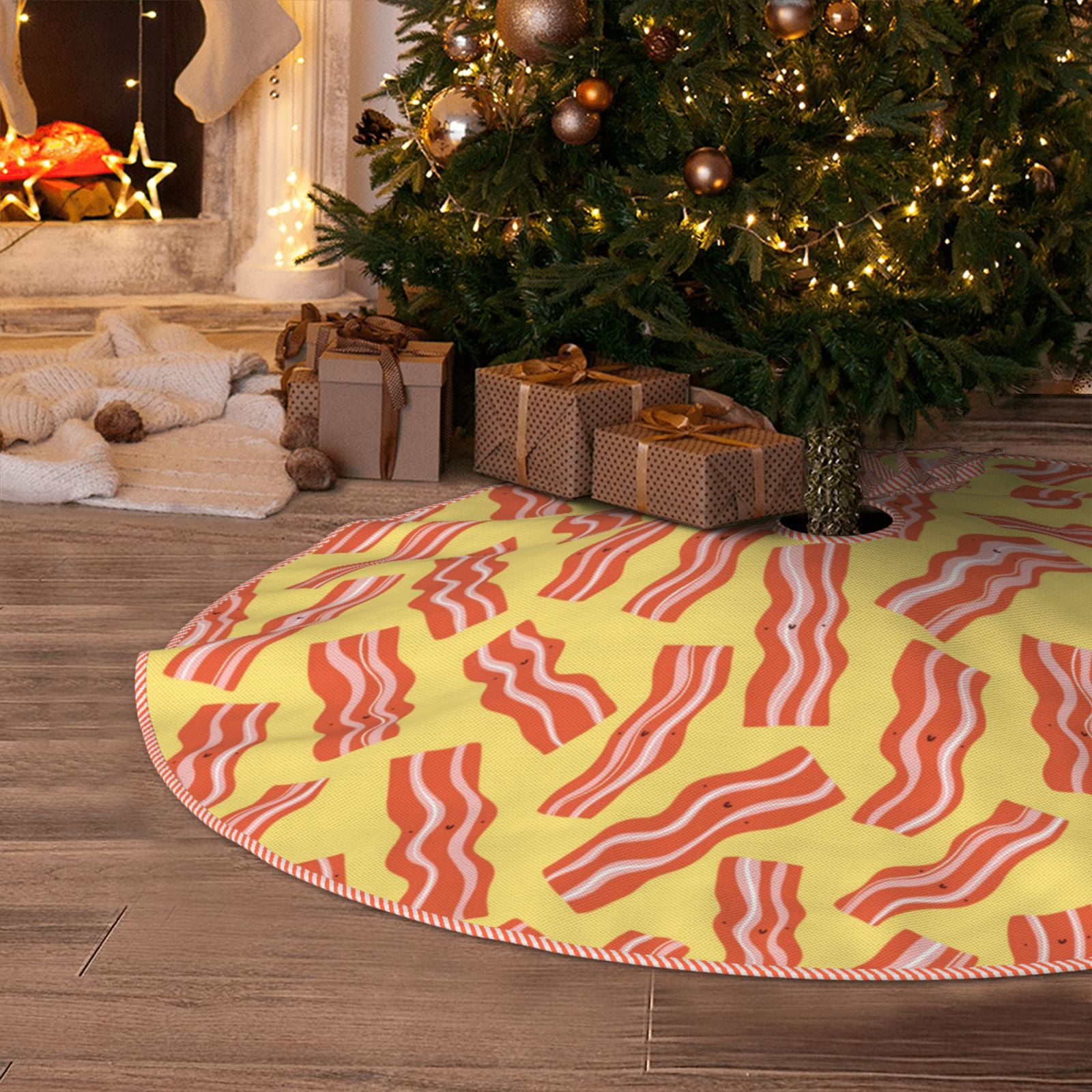 Christmas Tree Skirt, Cute Bacon Print Yellow Christmas Decorations