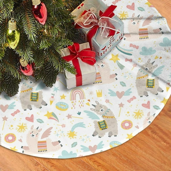 Christmas Tree Skirt, Cute Cartoon Alpaca Donut Love Soft Plush Christmas Tree Decorations Indoor, Tree Skirts Mat for New Year Halloween Holiday Christmas Party Decor 30"