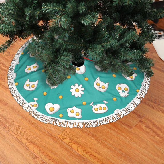Christmas Tree Skirt, Cute Fried Egg Skull Christmas Tree Decorations Indoor, Tree Skirts Mat With Tassel Trim for Halloween New Year Holiday Christmas Party Decor 30 Inches