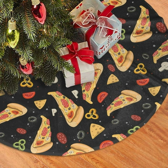Christmas Tree Skirt, Cute Pizza Cheese Pepper Soft Plush Christmas Tree Decorations Indoor, Tree Skirts Mat for New Year Halloween Holiday Christmas Party Decor 30"