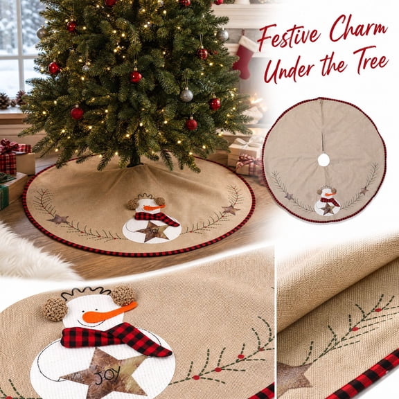 Christmas Tree Skirt with Embroidered Snowman Design, Decorative Burlap Holiday Base Cover for Tree Stands, Tabletops and Window Displays, Festive Home Decoration