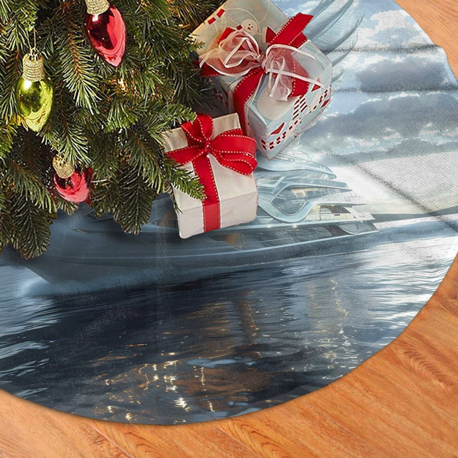 Christmas Tree Skirt, Fantasy Swan Yacht Design Plush Soft Christmas