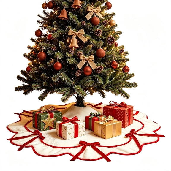 Christmas Tree Skirt - Farmhouse Bowknot Plush Mat, Non Slip Holiday Decor