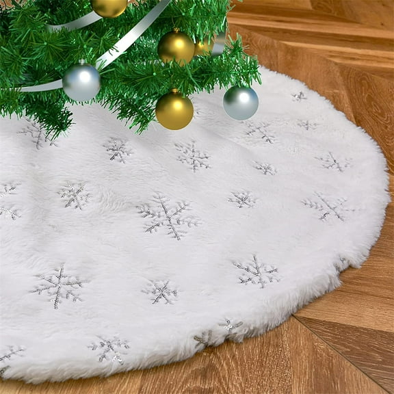 Christmas Tree Skirt,Faux Fur Christmas Tree Skirt, Xmas Plush Tree Skirt with Silver Snowflakes Xmas Tree Xmas Party Decor