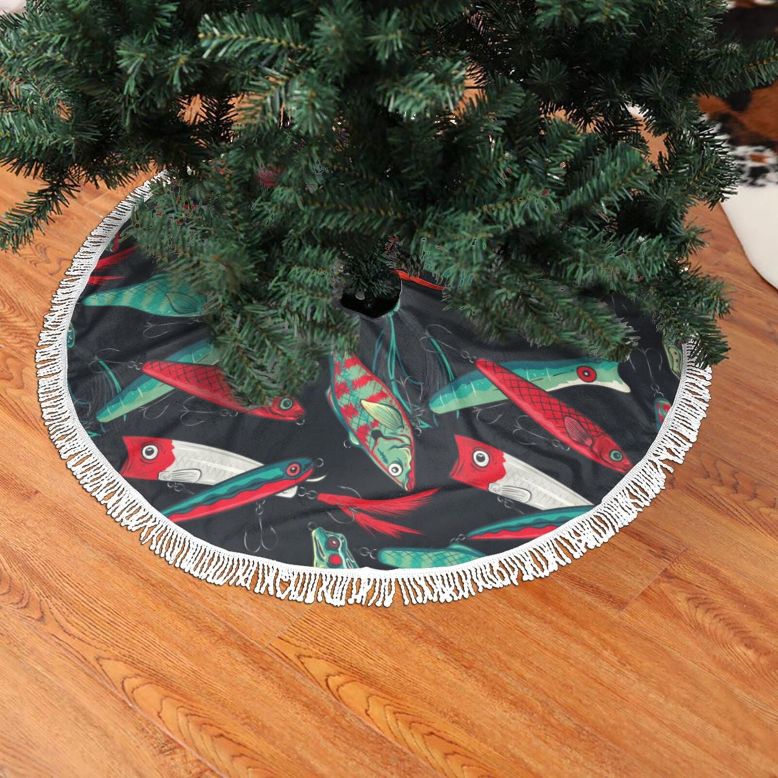 Christmas Tree Skirt, Fishing Lure Christmas Tree Decorations Indoor, Tree Skirts Mat With