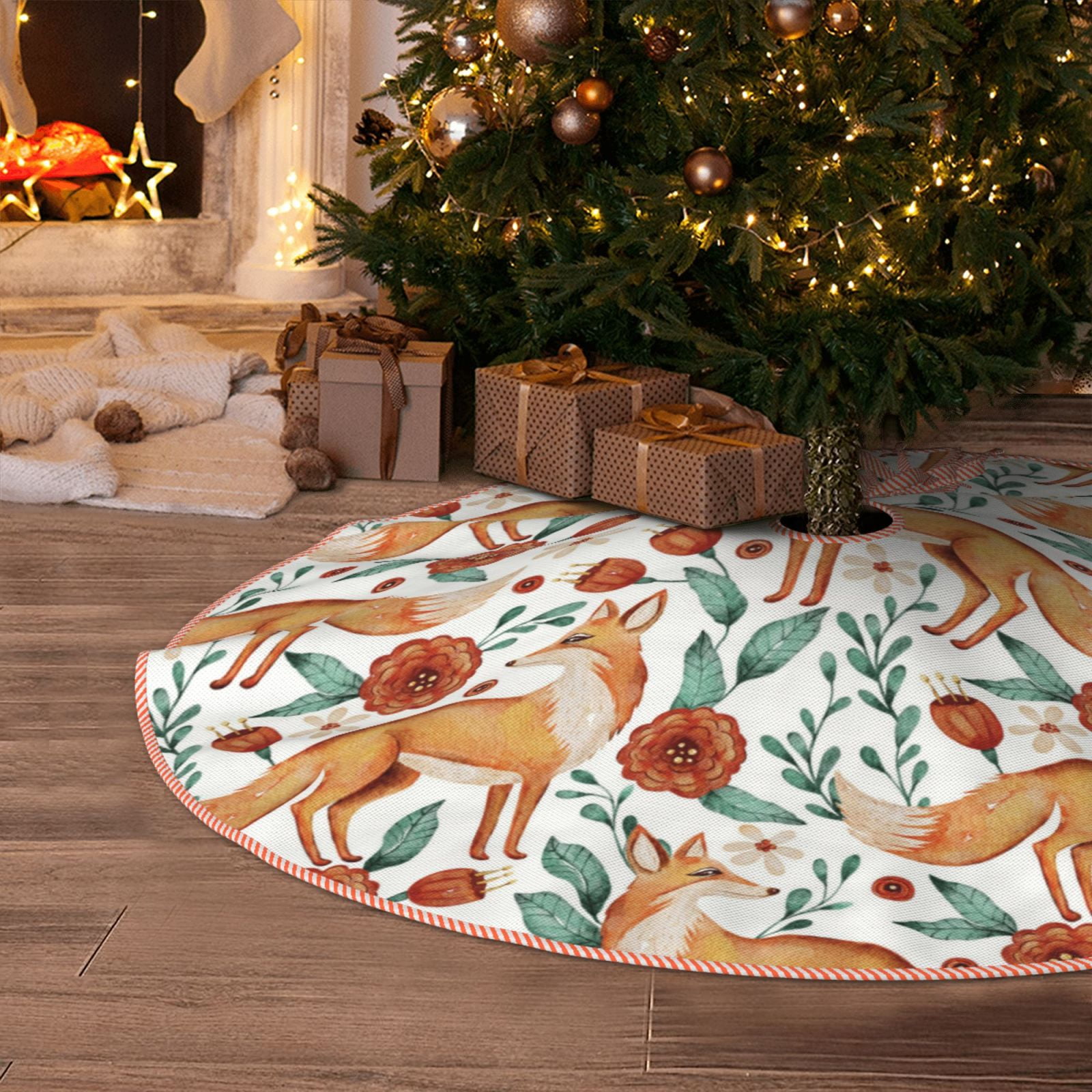 Christmas Tree Skirt Foxes and Floral Harmony Tree Skirt for Merry ...