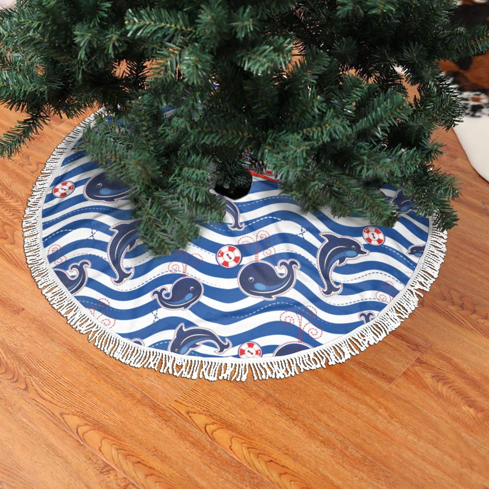 Christmas Tree Skirt, Funny whale_B Fringe Christmas Decorations Tree