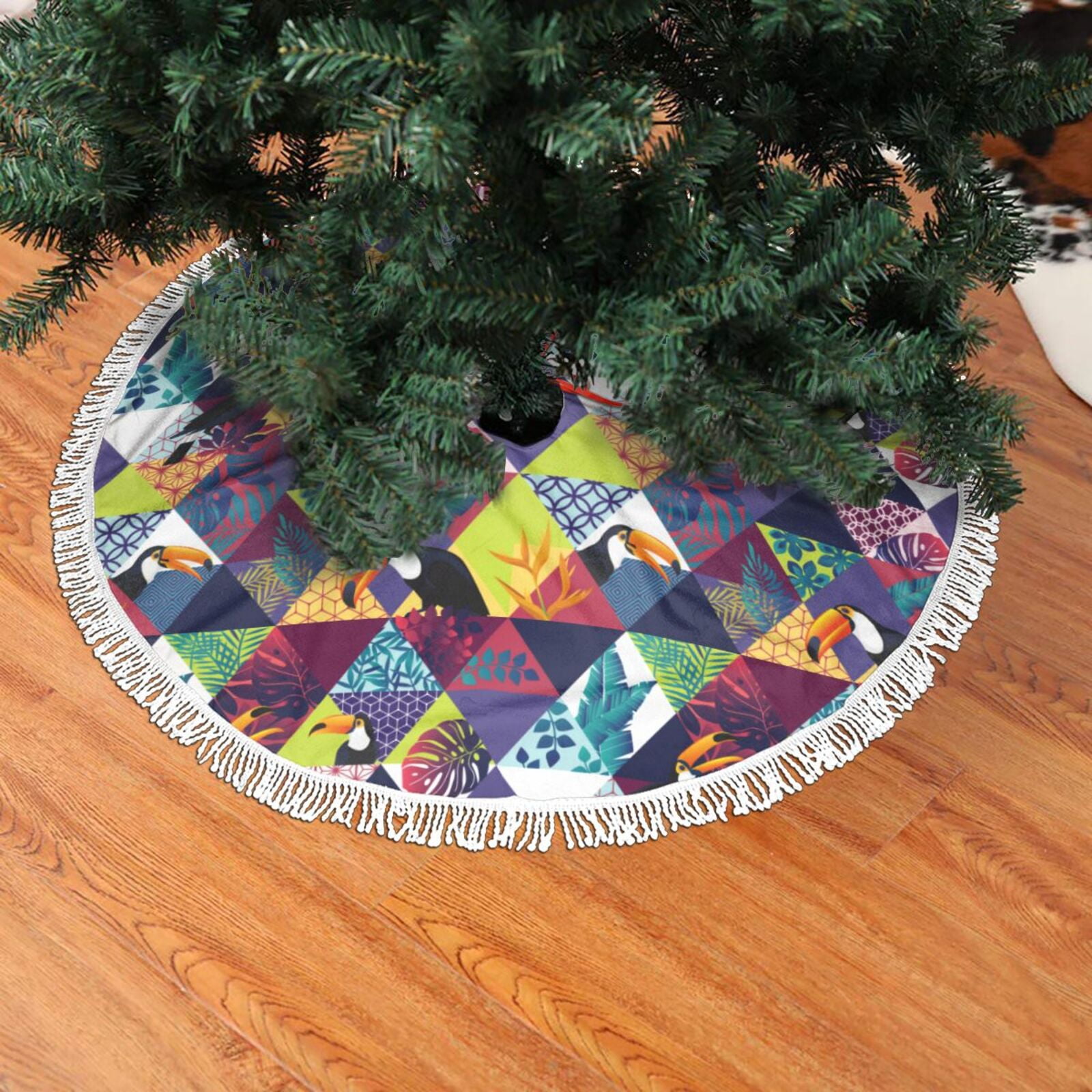 Christmas Tree Skirt, Geometric Cute Toucan Bird Plant Christmas Tree