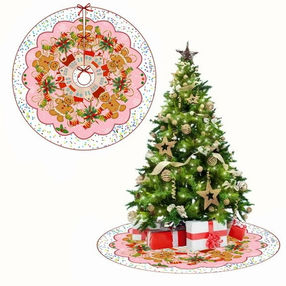 Christmas Tree Skirt, Gingerbread Man Christmas Tree Decoration, Pink Tree Skirt, Suitable for Christmas Tree Holiday Party, Christmas Gift