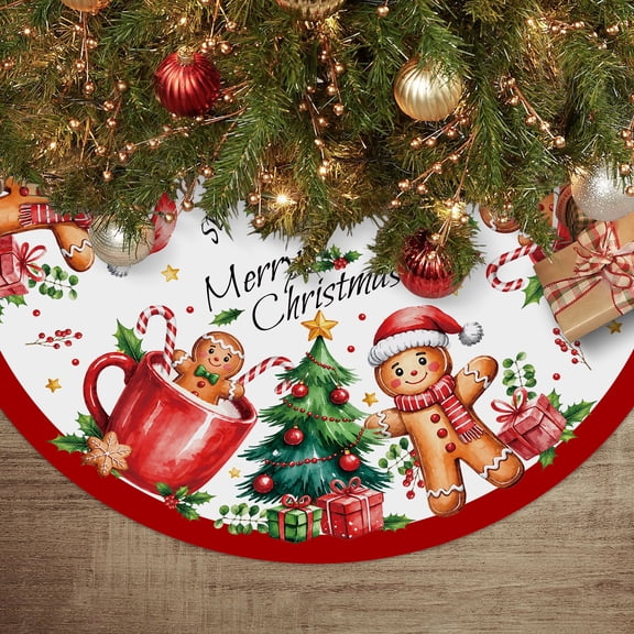 Christmas Tree Skirt, Gingerbread Man Merry Christmas Tree Skirt, Xmas Trees Indoor Decor Home Decorations, 48 inch