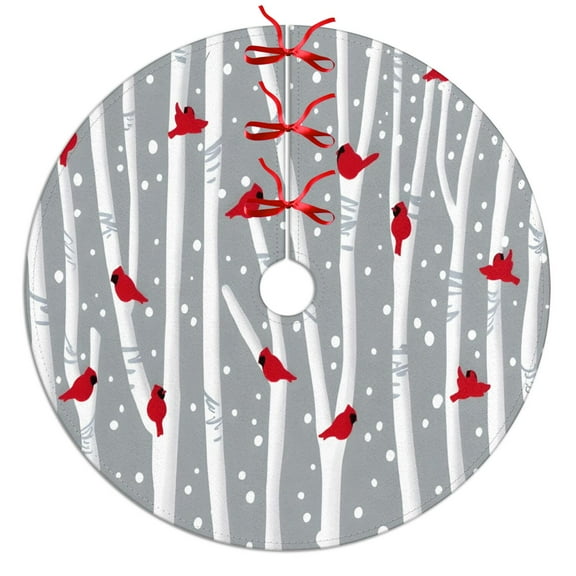 Christmas Tree Skirt,Gray Christmas Cardinal Bird Pattern Christmas Tree Decor with Red Ribbon Ties,Round Shape,Christmas Decorations for Home 30"x30"