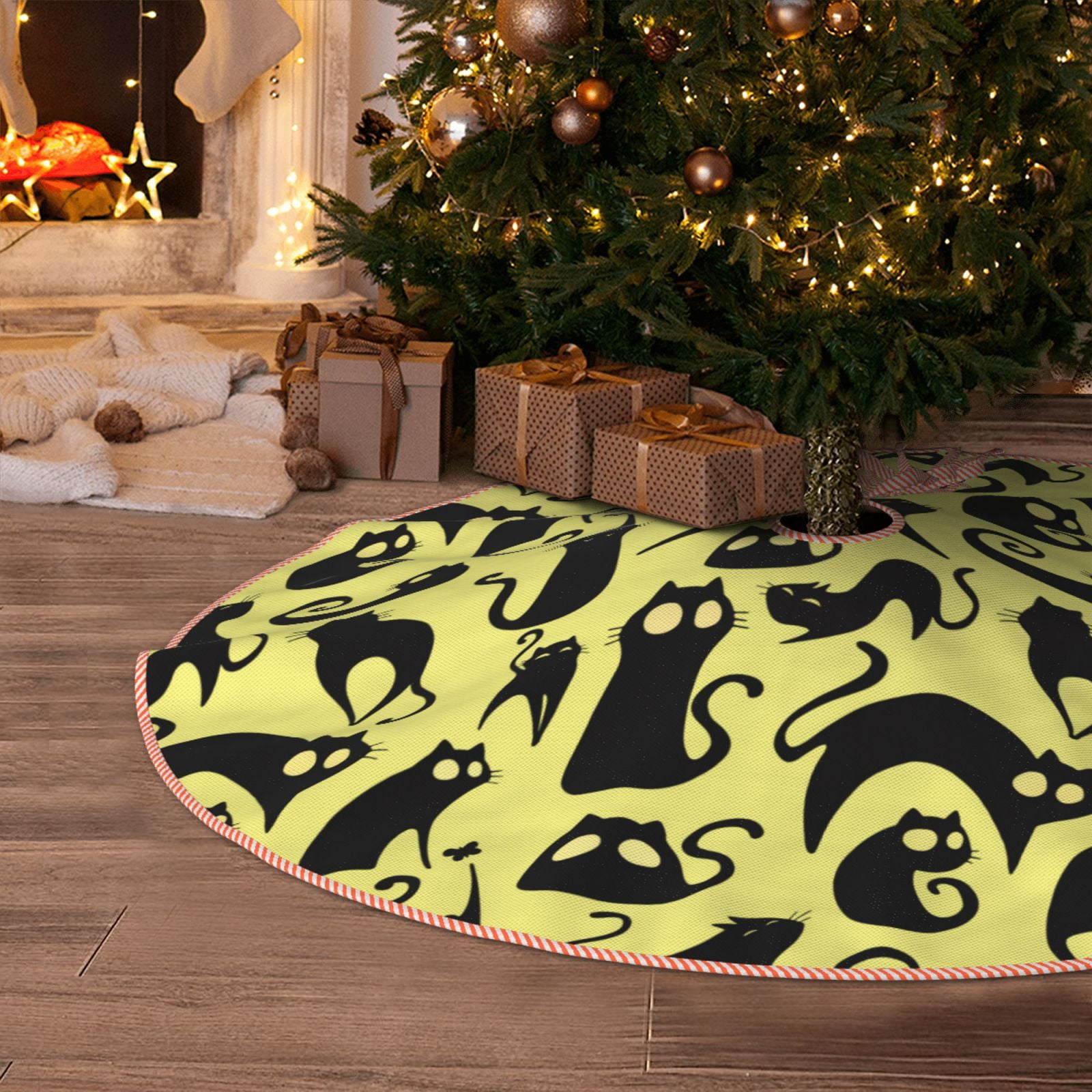 Christmas Tree Skirt, Halloween Tree Skirt, Abstract Cute Cat Black