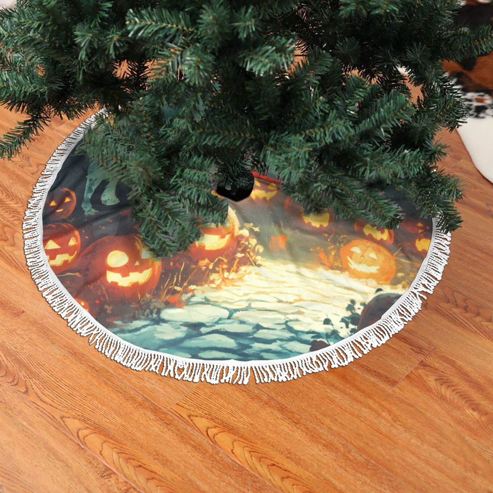 Christmas Tree Skirt Halloween Black Cat Pumpkin Street Halloween