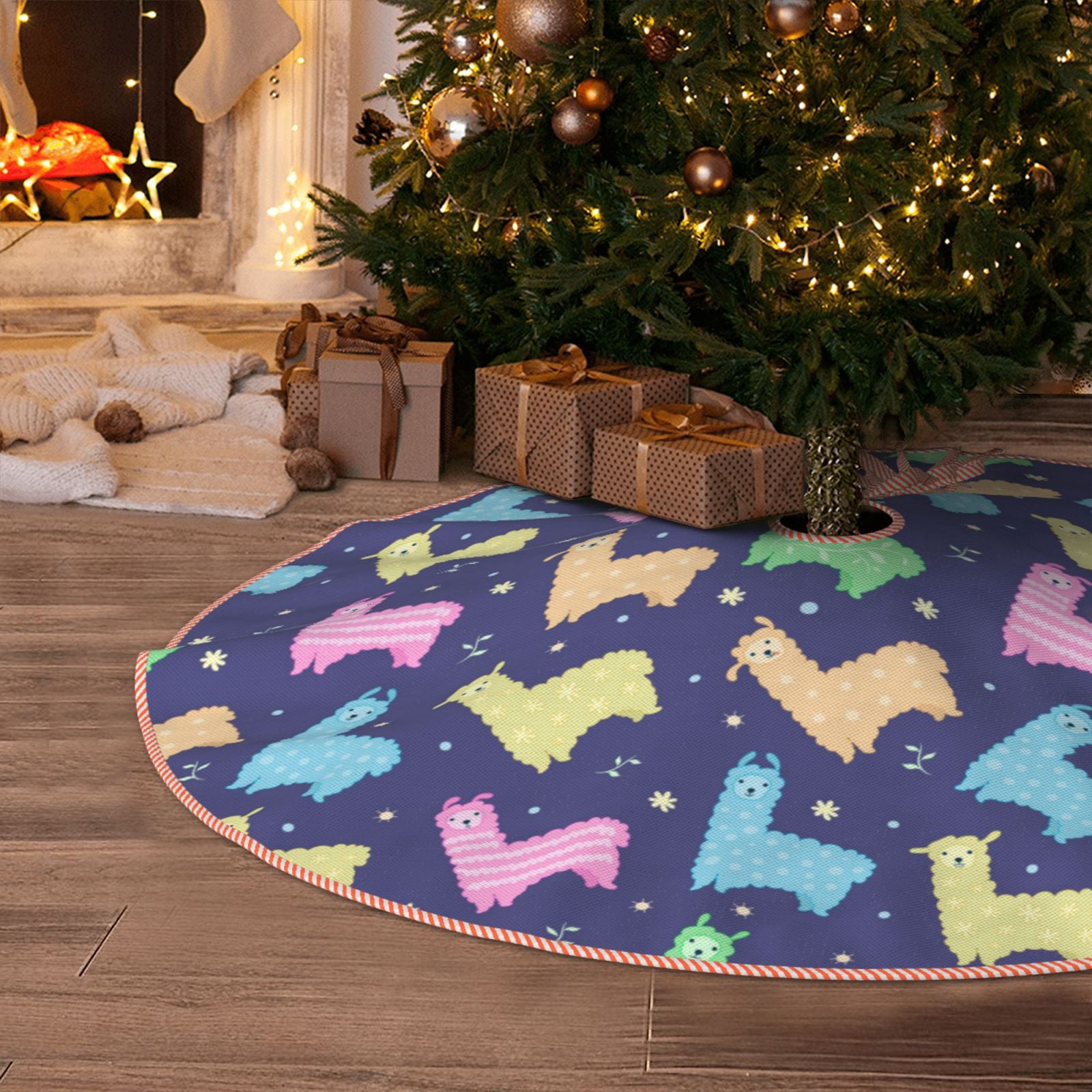 Christmas Tree Skirt, Halloween Tree Skirt, Cute pink yellow lamas