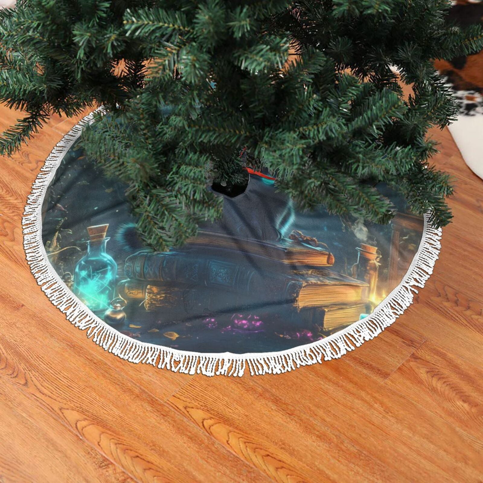 Christmas Tree Skirt, Halloween Mysterious Witch Hat Cat Christmas Tree
