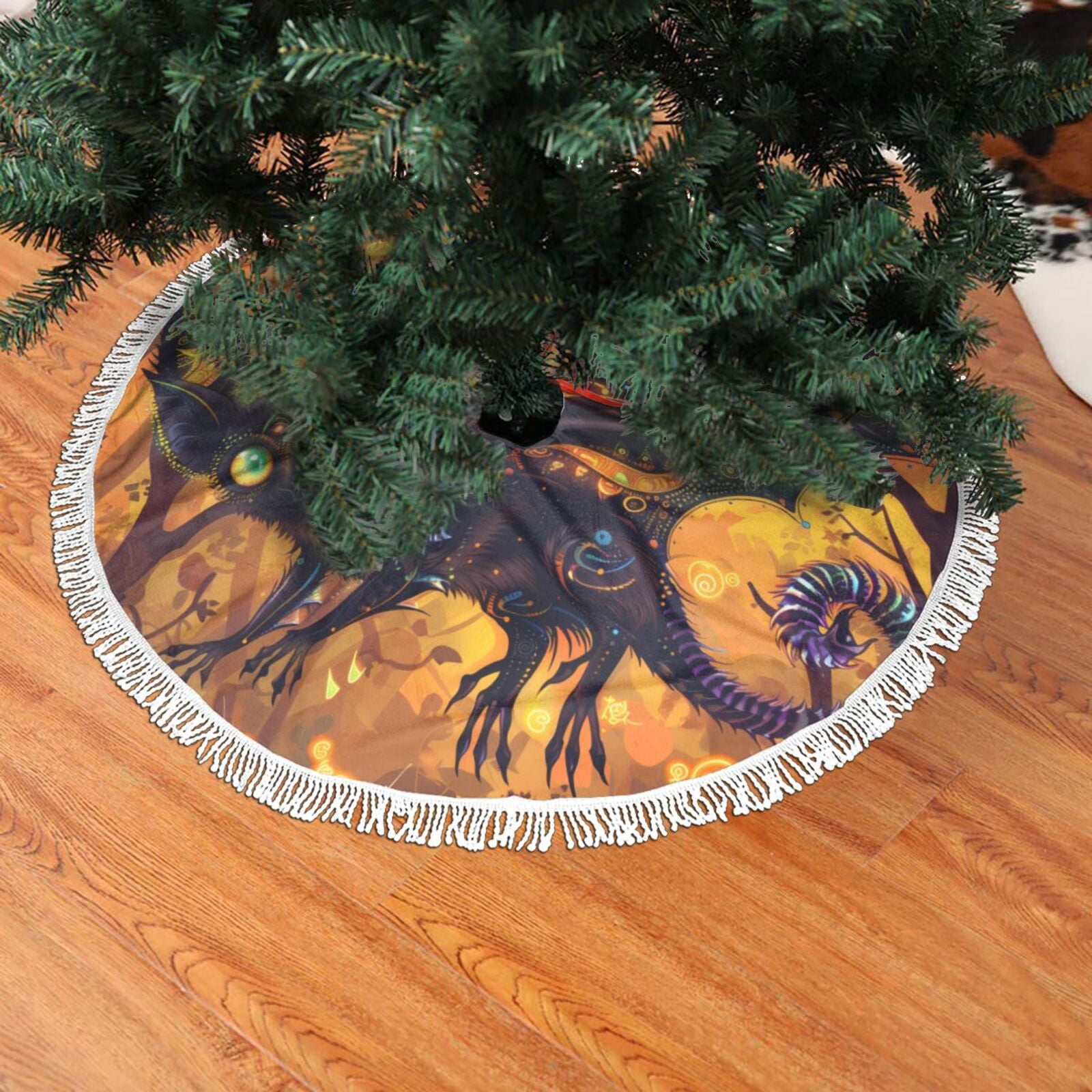 Christmas Tree Skirt, Halloween Vintage Colorful Bat Christmas Tree