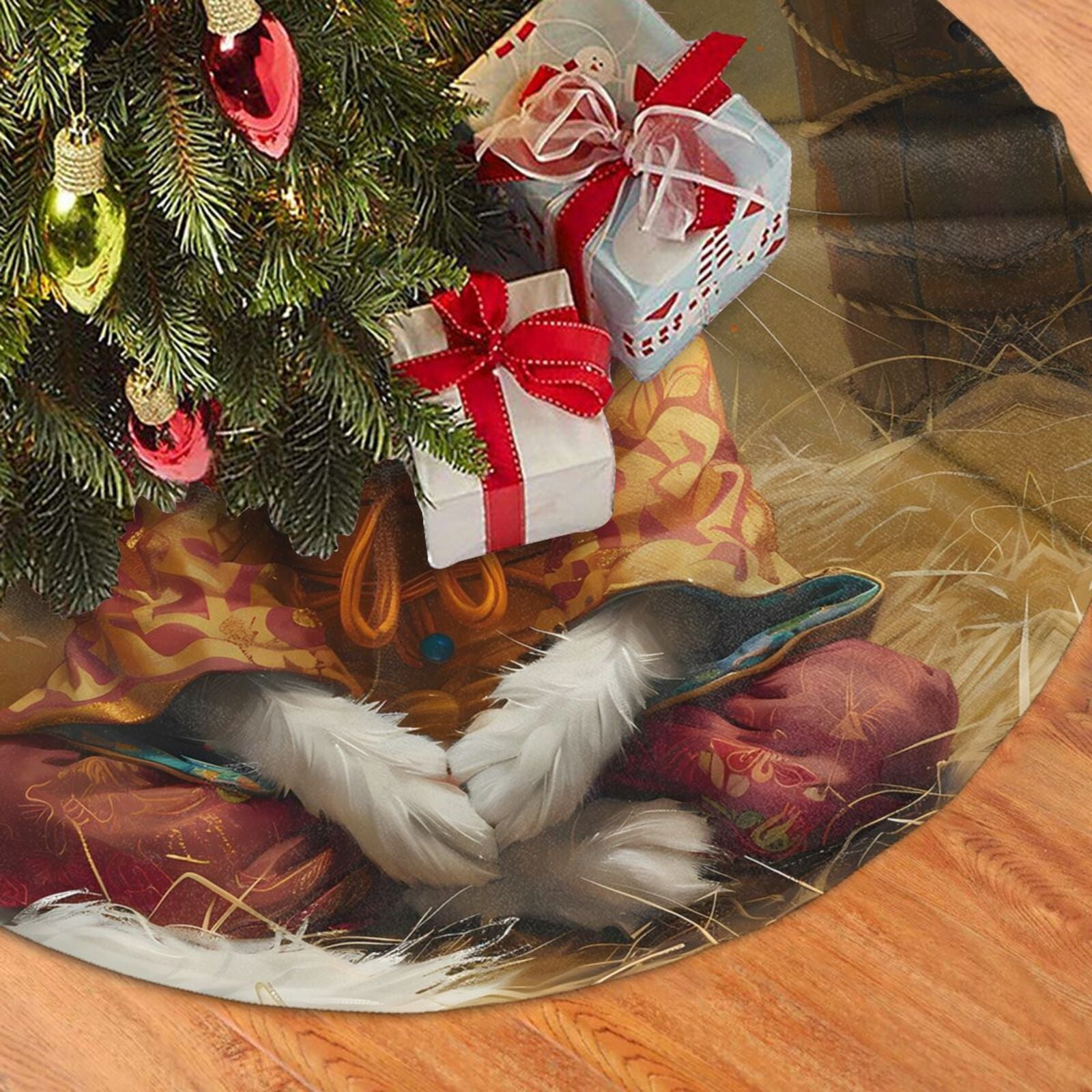 Christmas Tree Skirt, Haystack Meditating Cat Plush Soft Christmas Tree