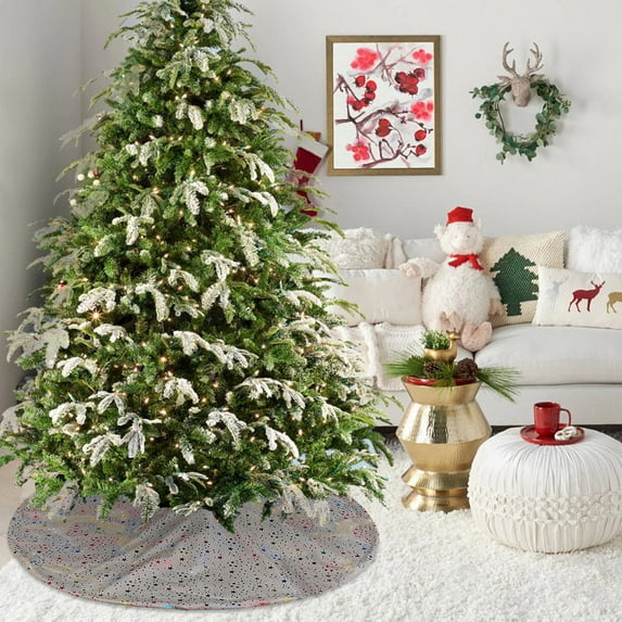 Christmas Tree Skirt, Holiday Decorations, Velvet Fringed Christmas Tree Skirt for Halloween and Christmas Party Atmosphere, Red Beige Gray Green 35.43 Inch Round Tree Bottom Cover