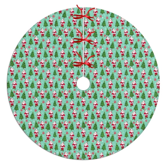 Christmas Tree Skirt,Light Blue Christmas Santa and Tree Pattern Christmas Tree Decor with Red Ribbon Ties,Round Shape,Christmas Decorations for Home 36"x36"