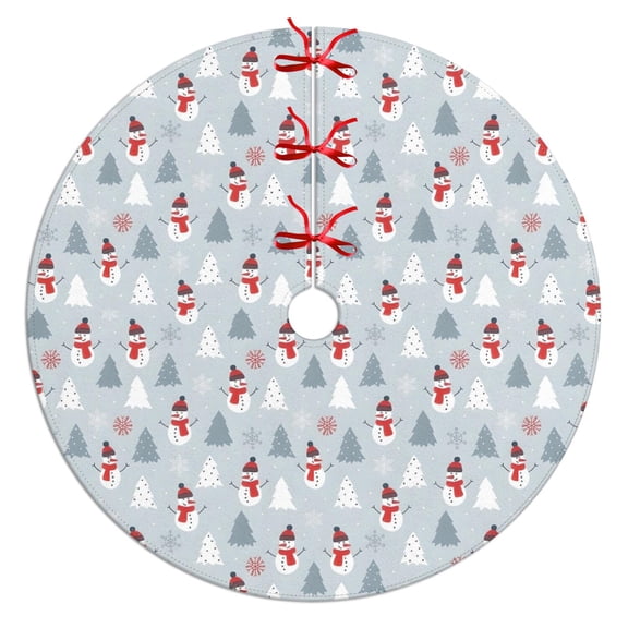 Christmas Tree Skirt,Light Blue Christmas Snowman and Tree Pattern Christmas Tree Decor with Red Ribbon Ties,Round Shape,Christmas Decorations for Home 36"x36"
