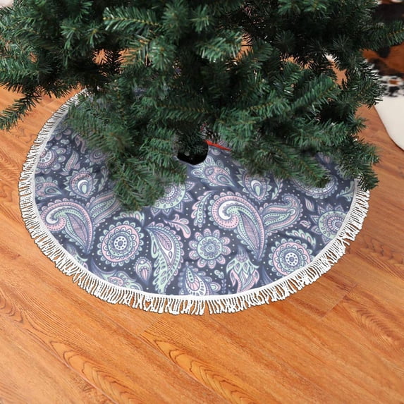 Christmas Tree Skirt, Light Green Pink Paisley Christmas Tree Decorations Indoor, Tree Skirts Mat With Tassel Trim for Halloween New Year Holiday Christmas Party Decor 36 Inches