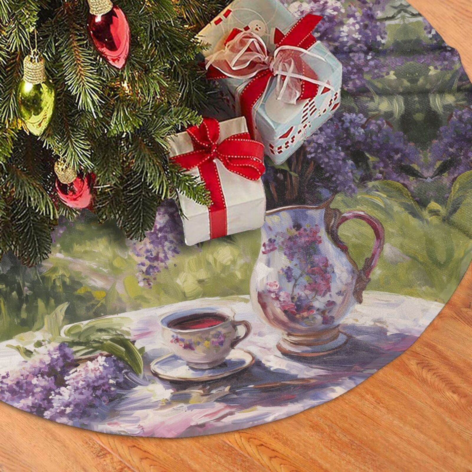 Christmas Tree Skirt, Lilacs Teapot Scenic Painting Plush Soft