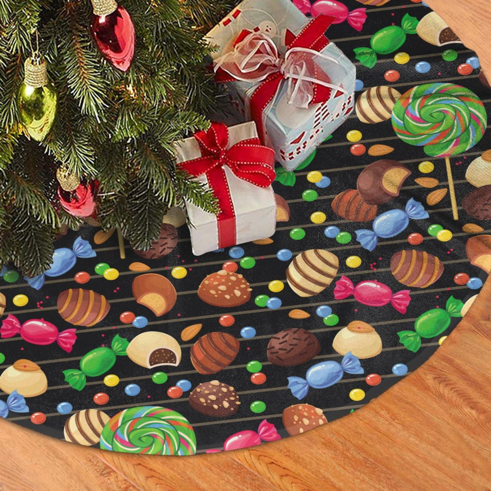 Christmas Tree Skirt, Lollipop Candy Chocolate Bean Print Soft Funny