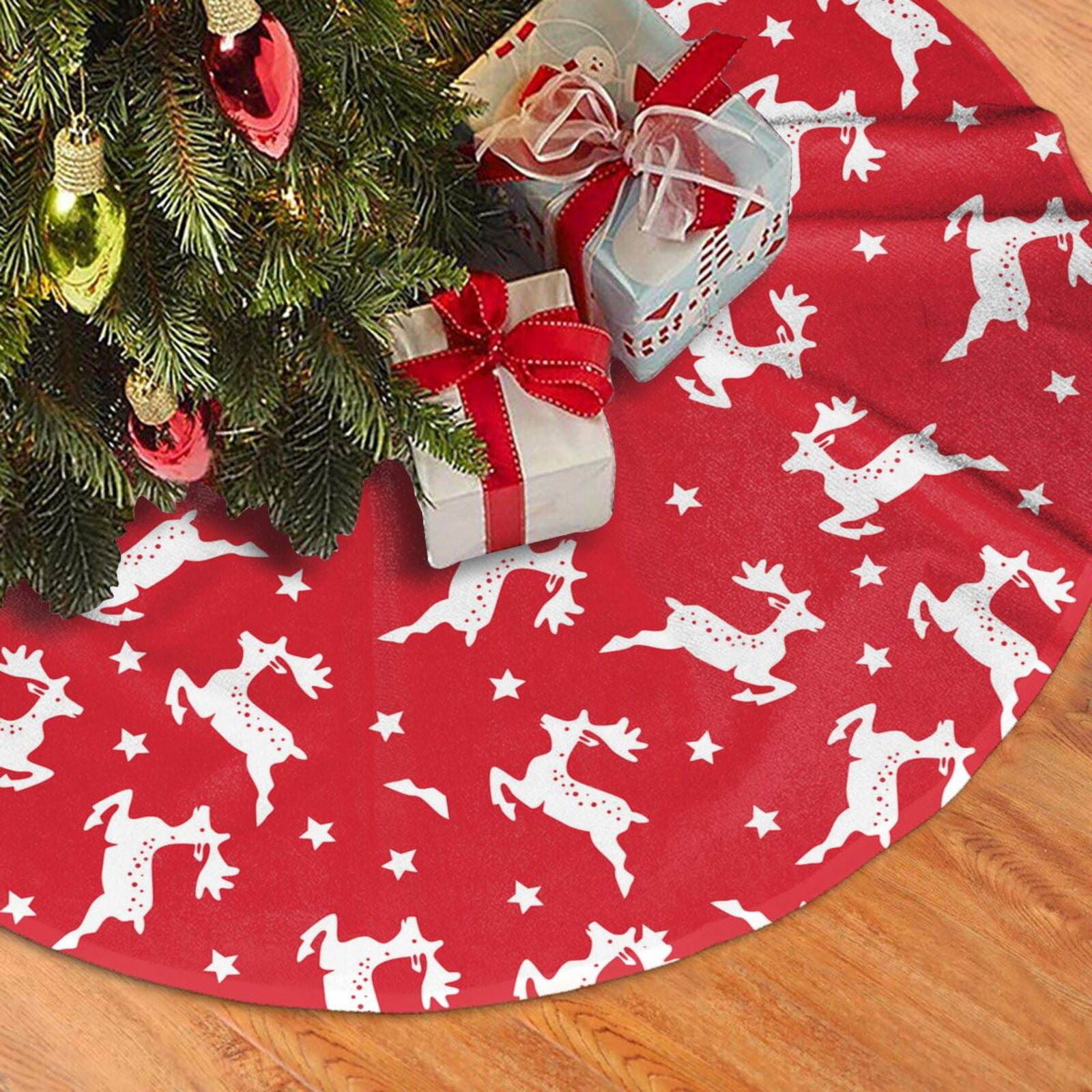 Christmas Tree Skirt, Minimalist Cute Deer Red White Plush Soft