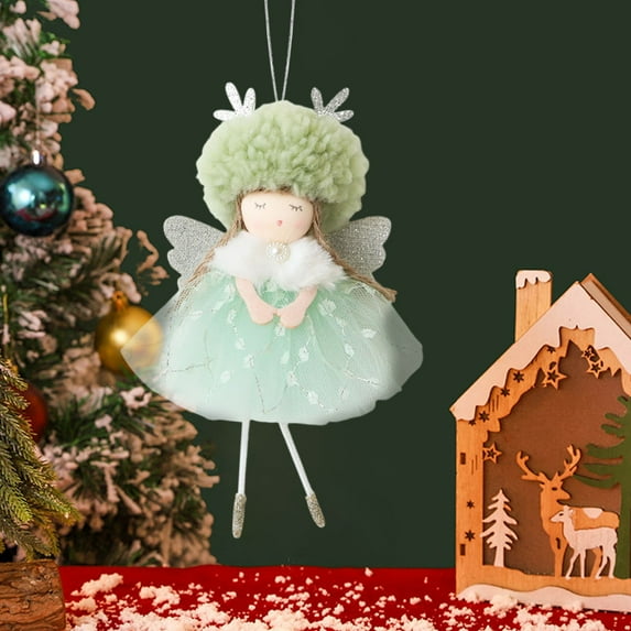 Christmas Tree Skirt Ornament with Yarn Skirt and Deer Antlers, Cute Girl Design Hanging Pendant for Tree and Room Decor, Festive Decoration with Gauze Dress(Green)