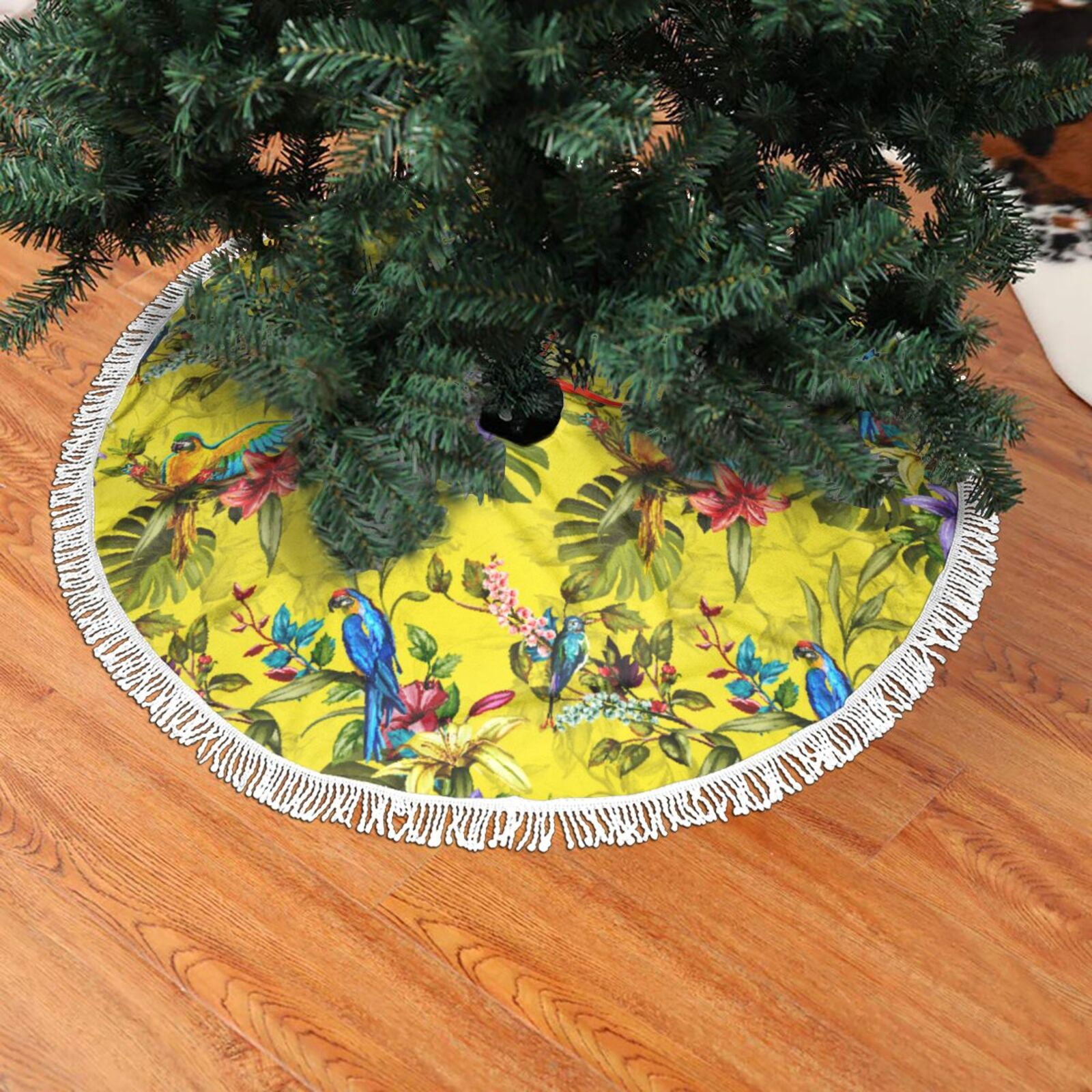 Christmas Tree Skirt, Painted Colorful Cute Parrot Flower Christmas