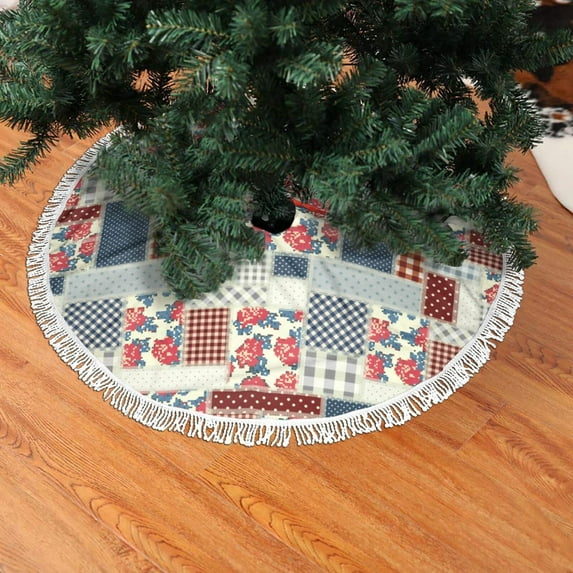 Christmas Tree Skirt, Patchwork In Country Style Christmas Tree Decorations Indoor, Tree Skirts Mat With Tassel Trim for Halloween New Year Holiday Christmas Party Decor 36 Inches