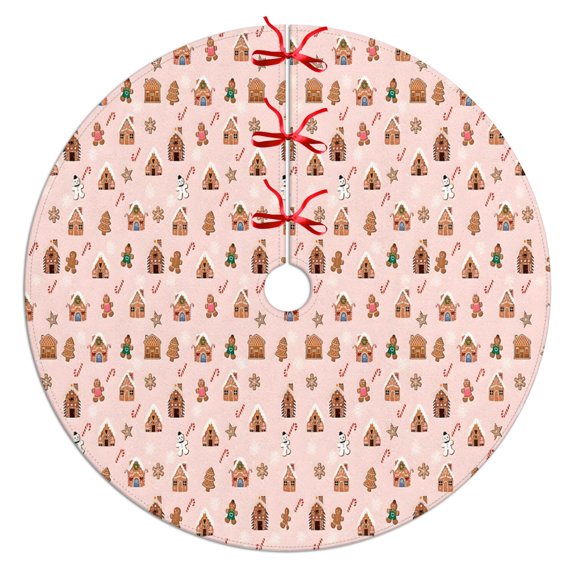 Christmas Tree Skirt,Pink Christmas Gingerbread House Pattern Christmas Tree Decor with Red Ribbon Ties,Round Shape,Christmas Decorations for Home 36"x36"