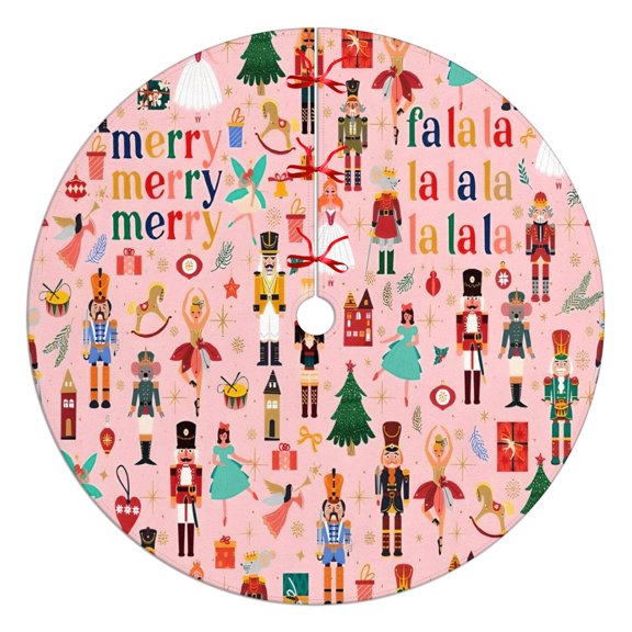 Christmas Tree Skirt,Pink Christmas Nutcracker Pattern Christmas Tree Decor with Red Ribbon Ties,Round Shape,Christmas Decorations for Home 48"x48"