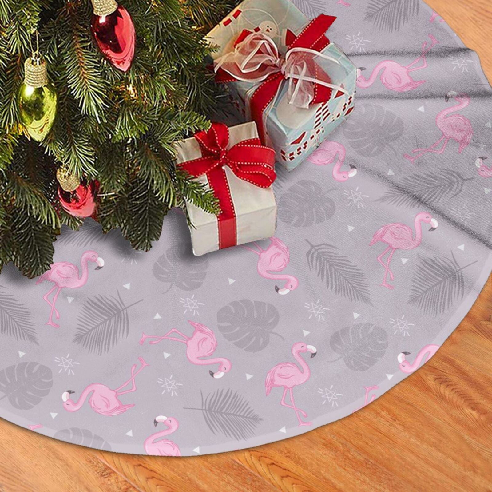 Christmas Tree Skirt, Pink Flamingo B Plush Soft Christmas Tree