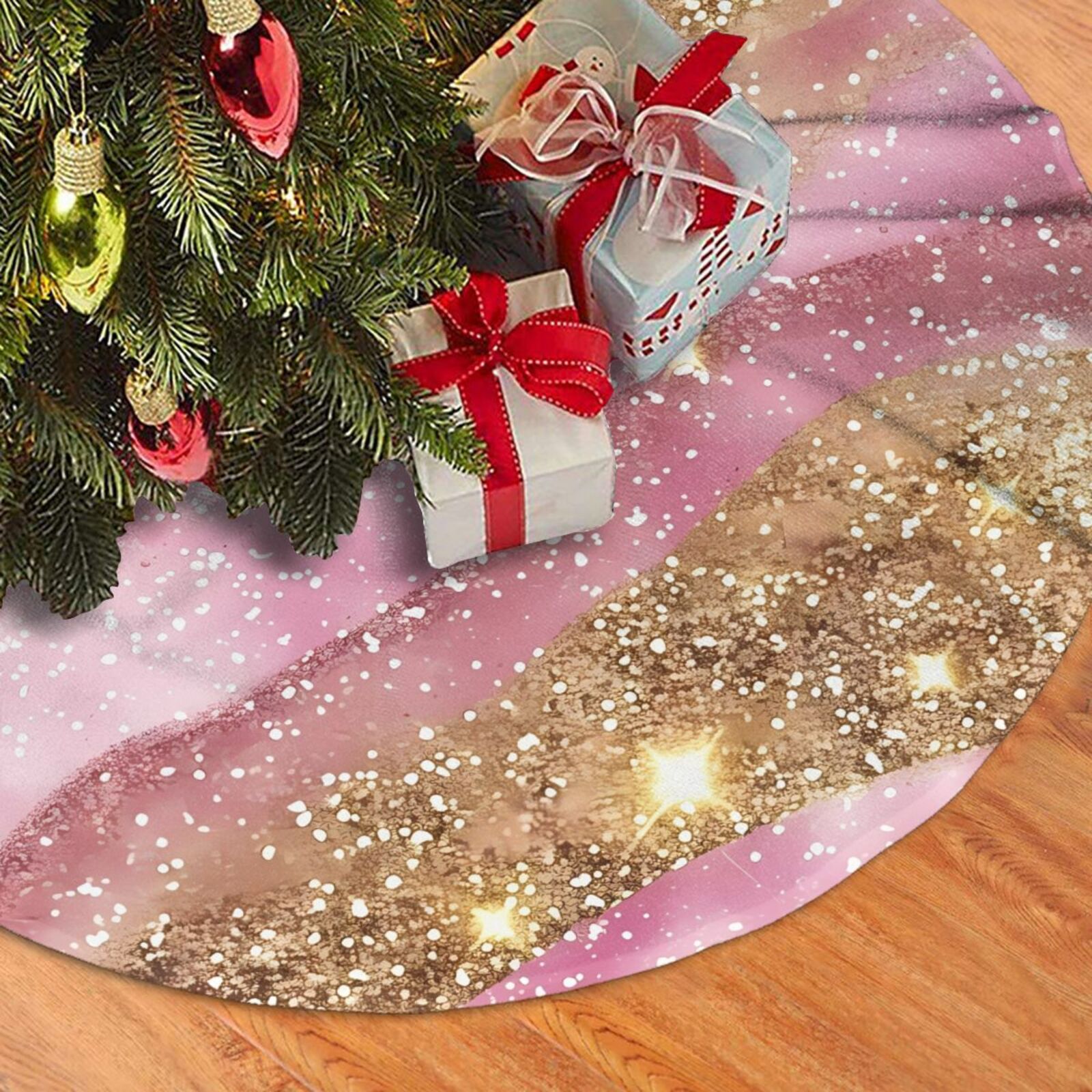 Christmas Tree Skirt, Pink and Gold Glam Glitter Plush Soft Christmas